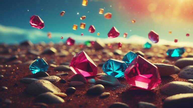 vibrant gemstones in shades of pink, blue, and amber scattered across a sandy ground, with some appearing to fall from the sky in a radiant glow. The scene is illuminated by warm sunlight, creating a playful and magical atmosphere. The sparkling gems and whimsical composition evoke themes of treasure, wonder, and fantasy.