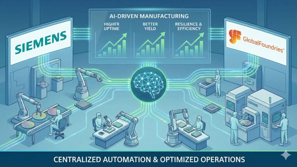 Illustration of AI driven manufacturing where a central AI system connects Siemens and GlobalFoundries production lines, coordinating robotic arms, chip fabrication, and human operators, with charts highlighting higher uptime, better yield, and improved resilience and efficiency through centralized automation.