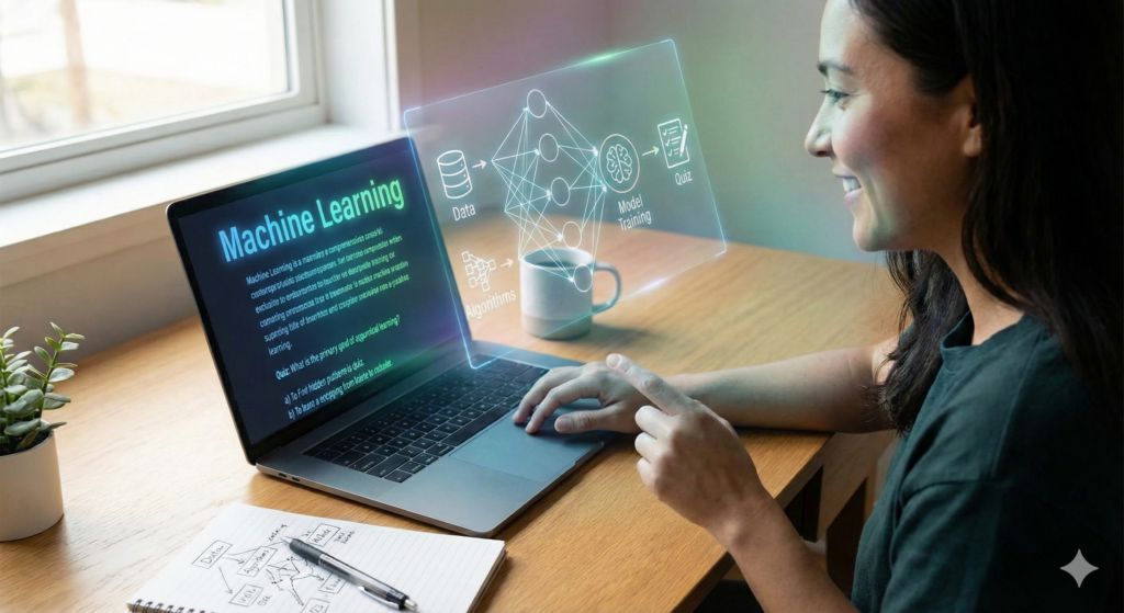 A woman smiling as she studies a "Machine Learning" course on her laptop. A glowing, semi-transparent digital overlay floats above the keyboard, showing a flowchart of the AI process: Data, Algorithms, Model Training, and a Quiz. On her wooden desk, a physical notebook contains hand-drawn diagrams and notes, blending traditional learning with futuristic technology.