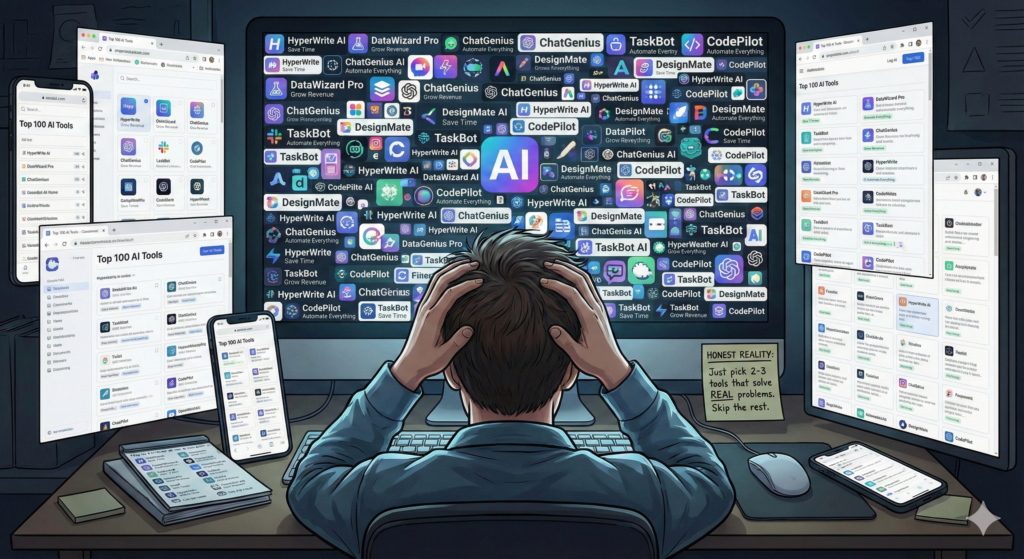 An illustration of a person sitting at a desk, clutching their head in frustration while looking at a computer monitor and several floating screens completely covered in hundreds of different AI tool logos and icons. The overwhelming display includes names like "ChatGenius," "TaskBot," and "CodePilot." A small sticky note on the desk provides a "HONEST REALITY" tip: "Just pick 2-3 tools that solve REAL problems. Skip the rest."
