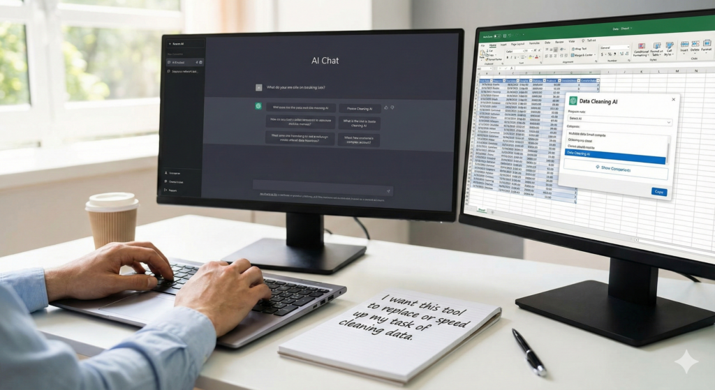 A first-person view of a professional workspace featuring a laptop and two external monitors. One monitor shows an "AI Chat" interface, while the other displays a complex spreadsheet with a "Data Cleaning AI" pop-up window active. The person's hands are on the laptop keyboard, and a notebook in the foreground contains a handwritten goal: "I want this tool to replace or speed up my task of cleaning data." The bright, clean office setting suggests a focused and efficient technical workflow.